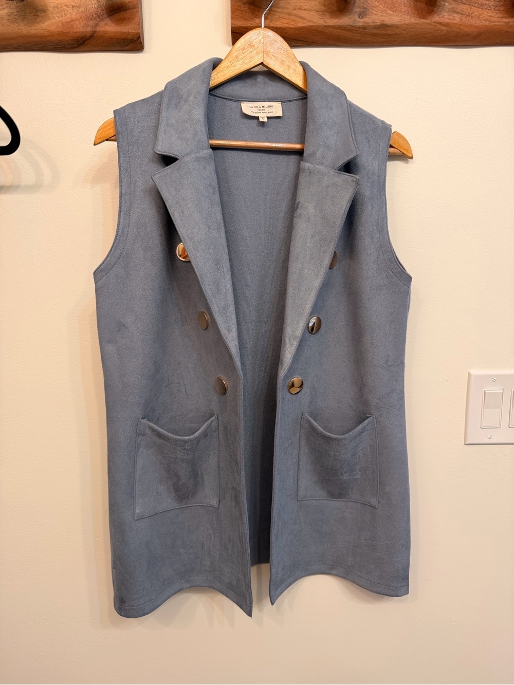 La Vie En Rose Suede Double-Breasted Vest in Blue-Gray NWOT